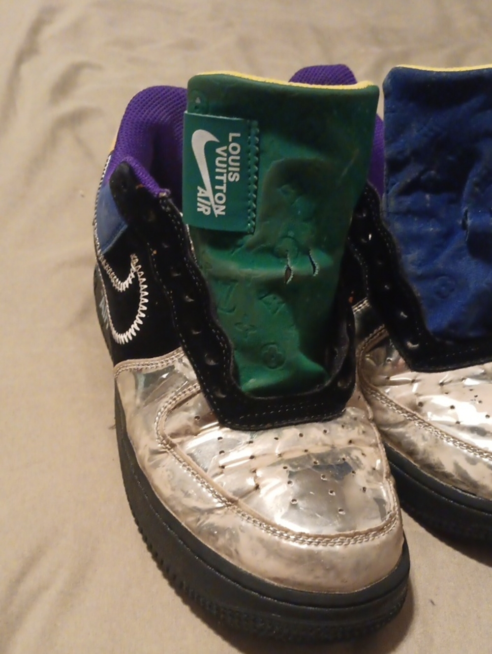 Louis Vuitton Metallic Silver Sneakers with Green & Purple Accents